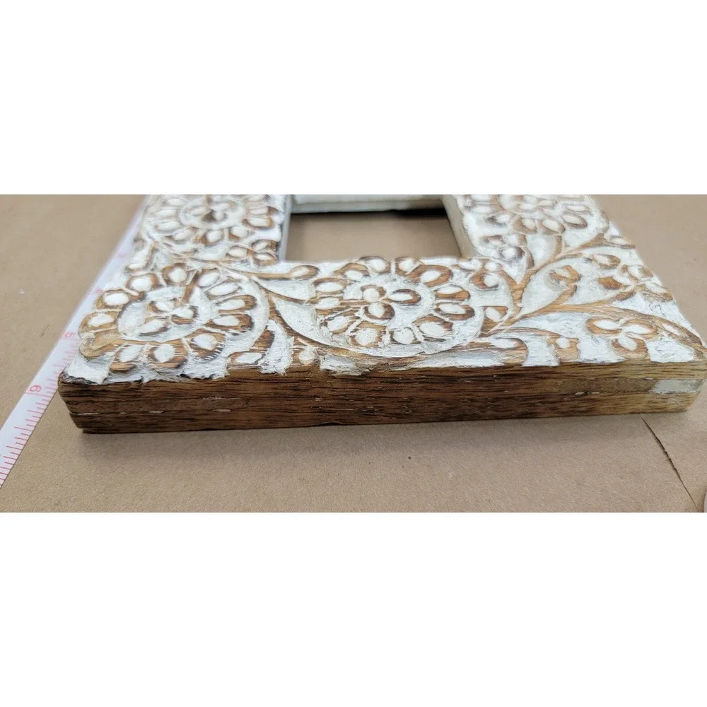 Hand Carved Floral Wood Picture Frame Square Whitewash Boho Rustic 6.5x6.5